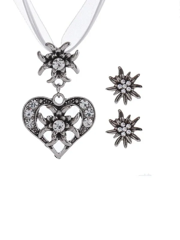 Vintage Rhinestone Edelweiss Heart Ribbon Necklace & Earring Set sold by Retro Stage