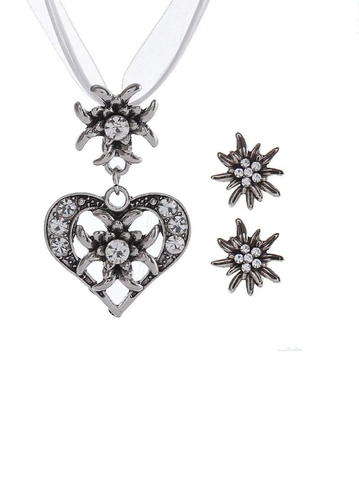 Vintage Rhinestone Edelweiss Heart Ribbon Necklace & Earring Set sold by Retro Stage