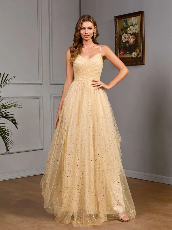 Gold 1930s Sequined V-Neck Mesh Spaghetti Strap Dress sold by Retro Stage