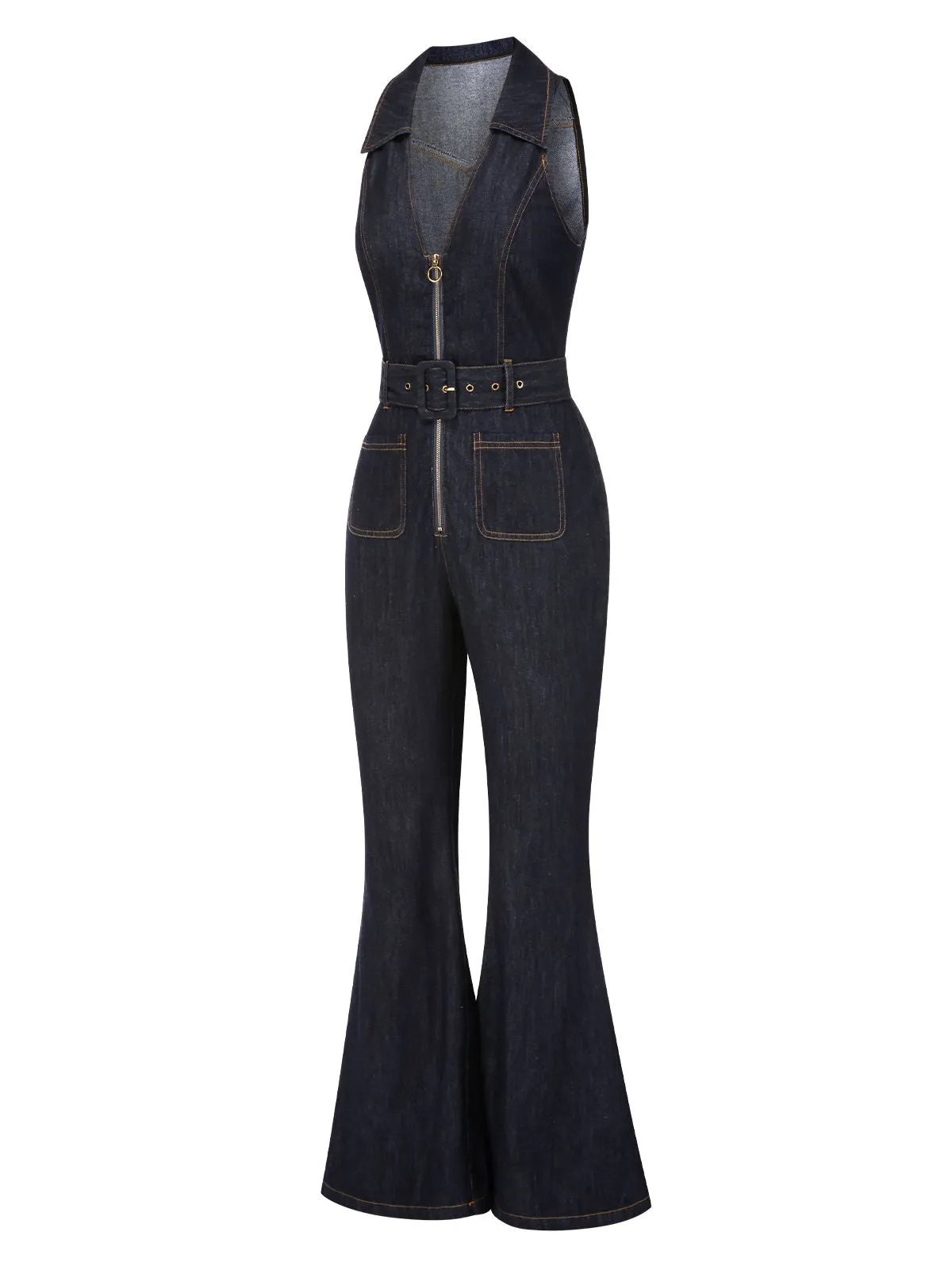 Blue 1970s Denim Collar Belted Flared Jumpsuit sold by Retro Stage product image thumbnail 5