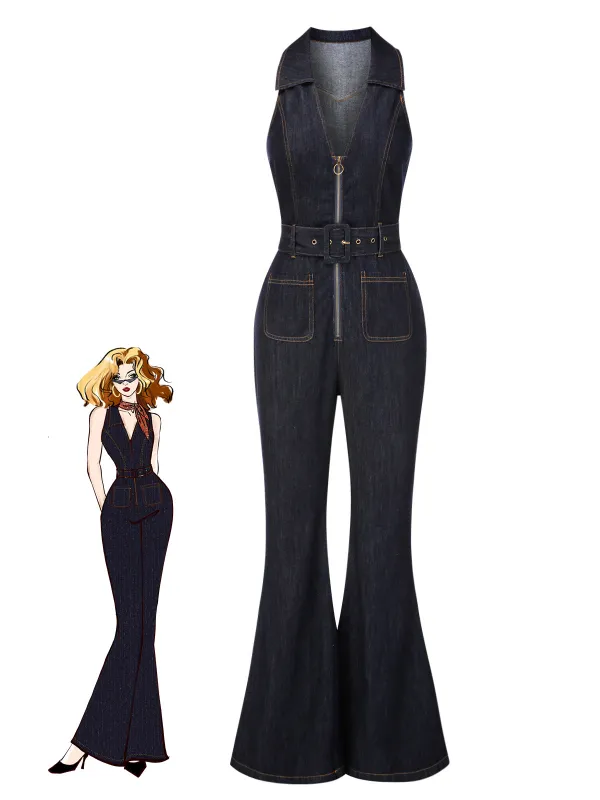 Blue 1970s Denim Collar Belted Flared Jumpsuit sold by Retro Stage