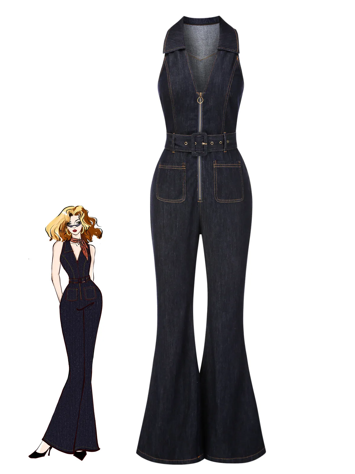 Blue 1970s Denim Collar Belted Flared Jumpsuit sold by Retro Stage