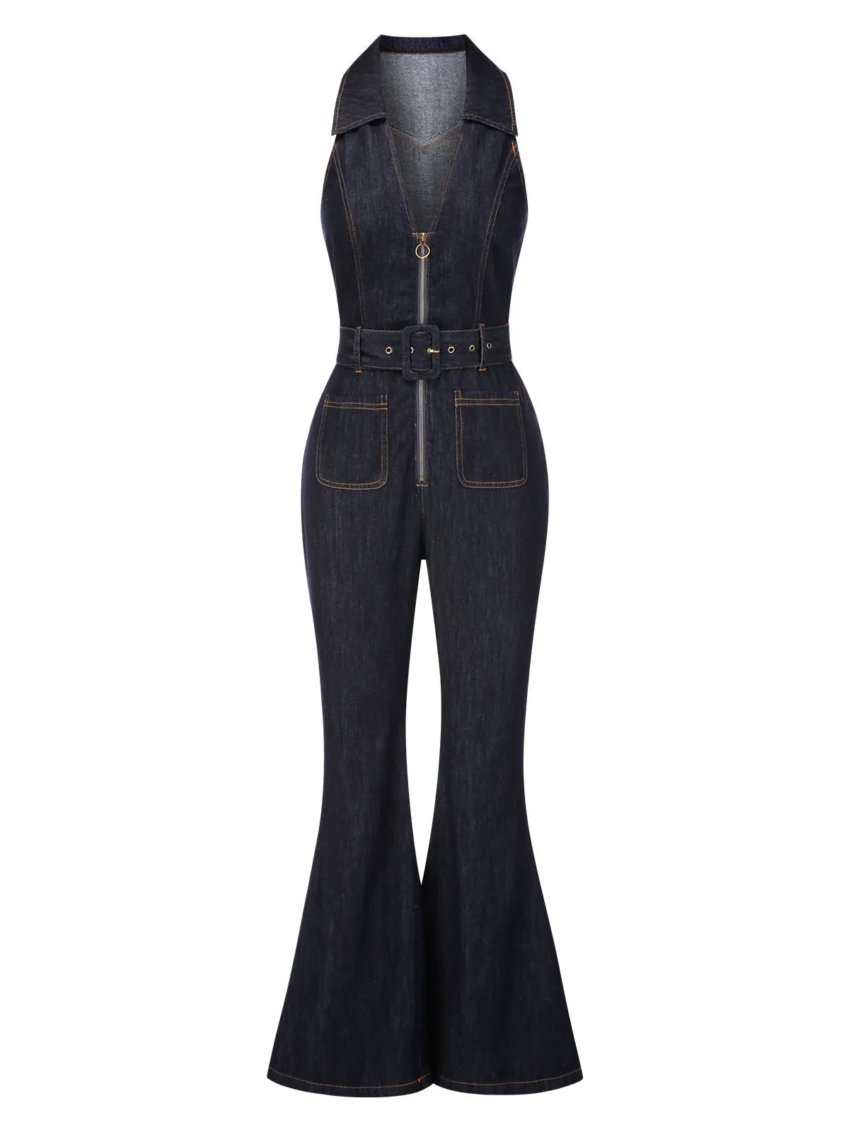 Blue 1970s Denim Collar Belted Flared Jumpsuit sold by Retro Stage product image thumbnail 4
