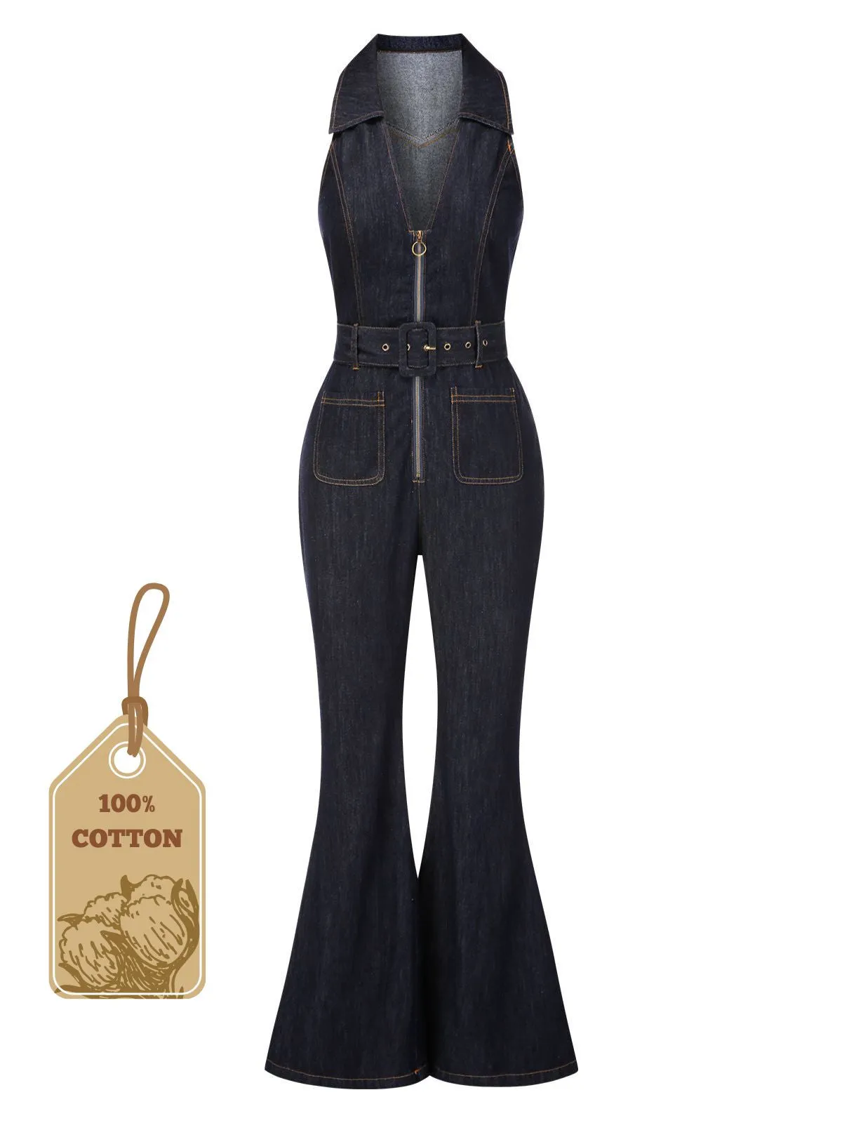 Blue 1970s Denim Collar Belted Flared Jumpsuit sold by Retro Stage product image thumbnail 3