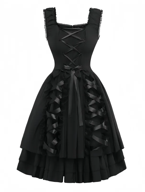 Black 1950s Solid Gothic Lace-Up Dress sold by Retro Stage