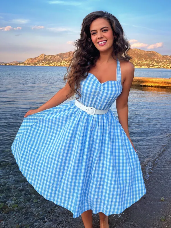 Light Blue 1950s Plaid Halter Swing Dress sold by Retro Stage