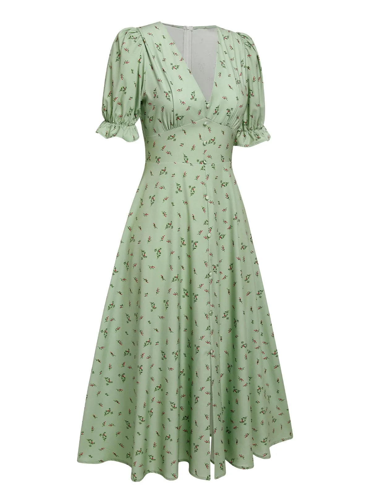 Green 1940s V-Neck Floral Lantern Sleeves Dress sold by Retro Stage product image thumbnail 3