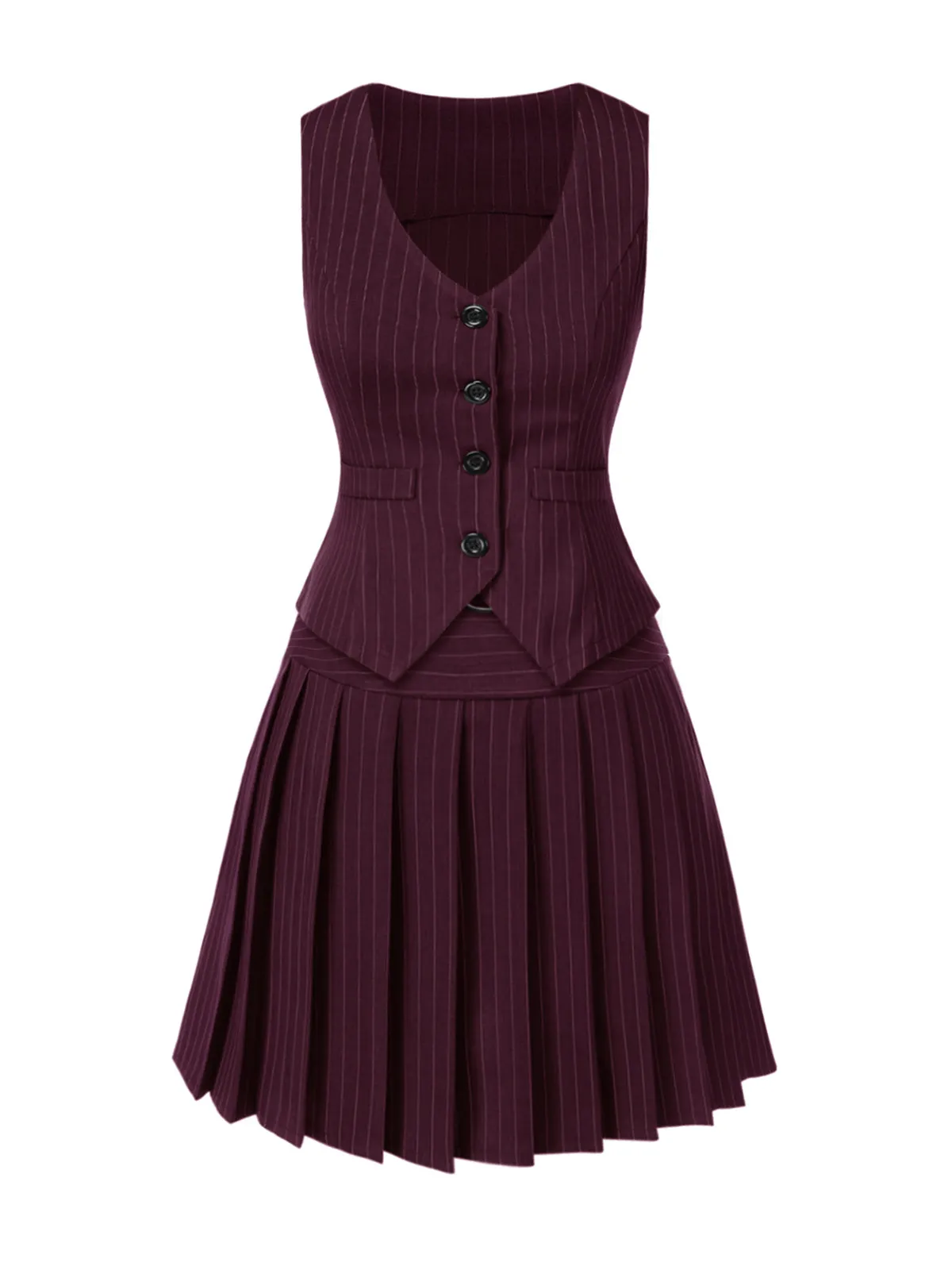 2PCS Wine Red 1960s Pinstripes Top & Pleated Skirt sold by Retro Stage product image thumbnail 3