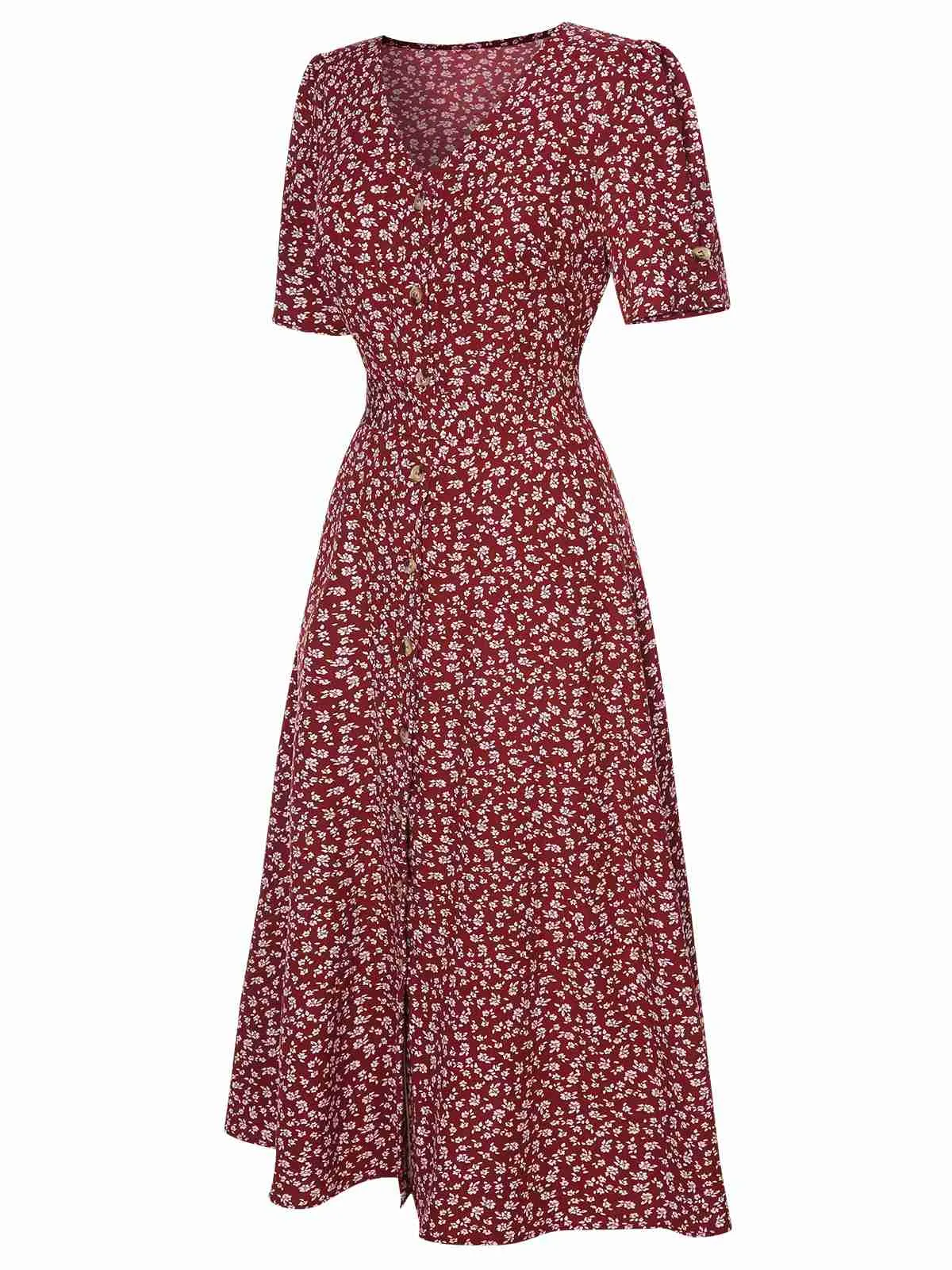 Wine Red 1940s V-Neck Ditsy Floral Dress sold by Retro Stage product image thumbnail 4