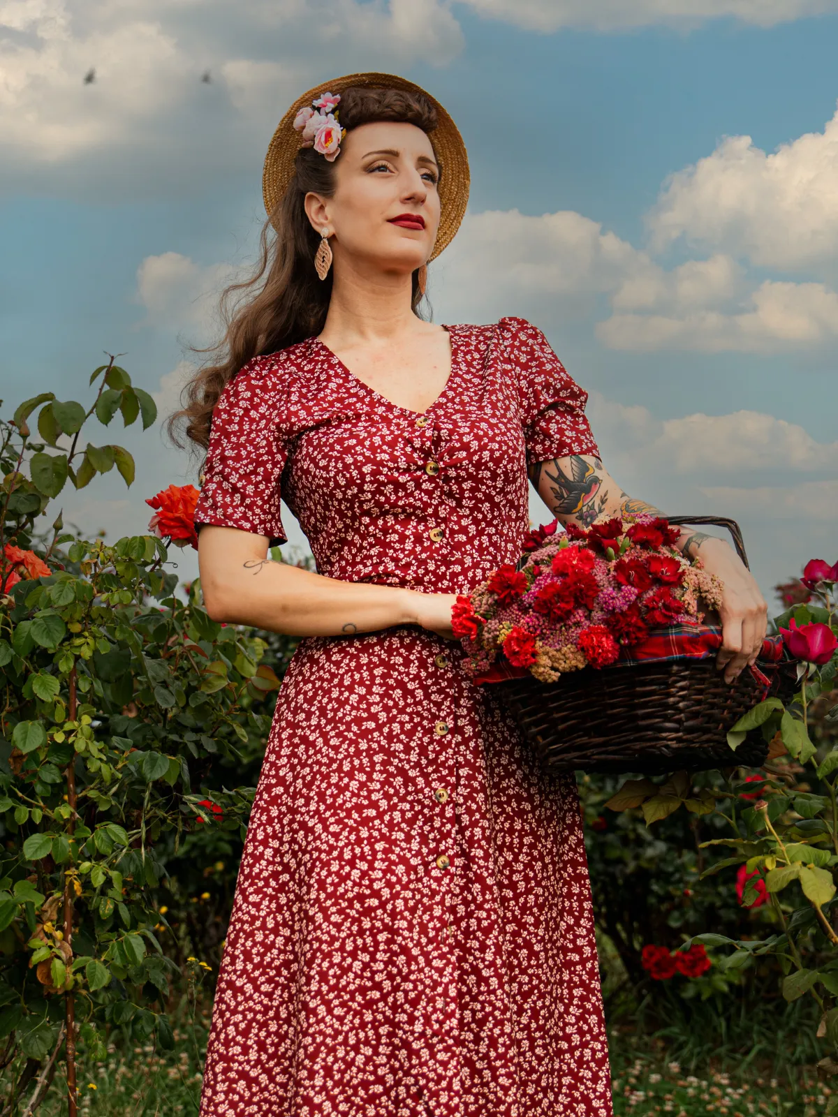 Wine Red 1940s V-Neck Ditsy Floral Dress sold by Retro Stage