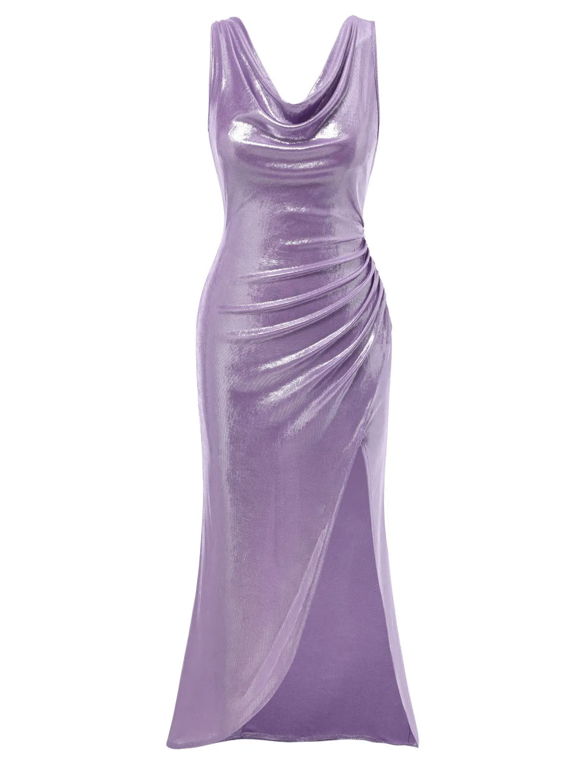 Lavender 1960s Cowl Neck High-Slit Pearlescent Dress sold by Retro Stage product image thumbnail 3