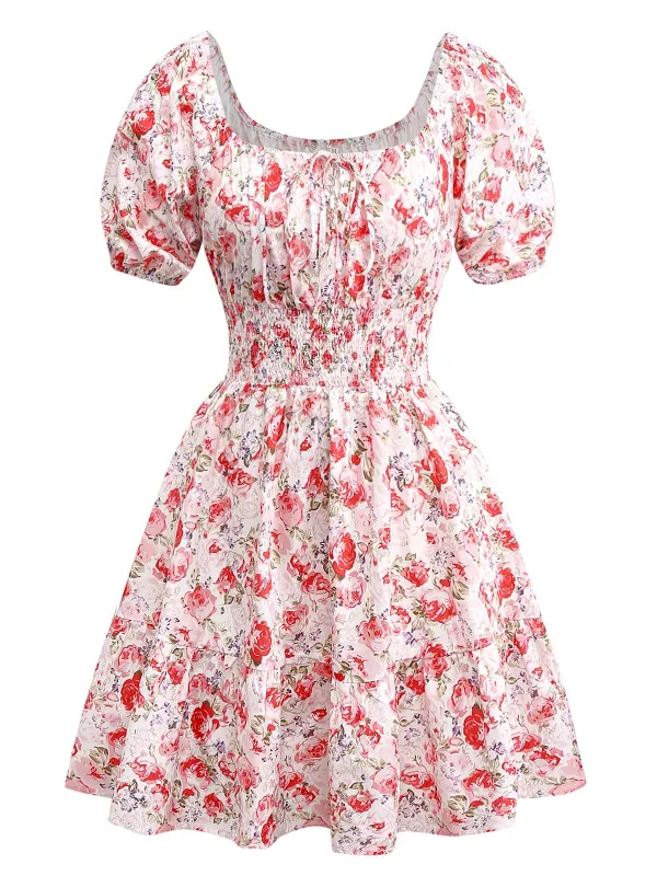 PInk 1950s Floral Puff Sleeve Pleated Dress sold by Retro Stage