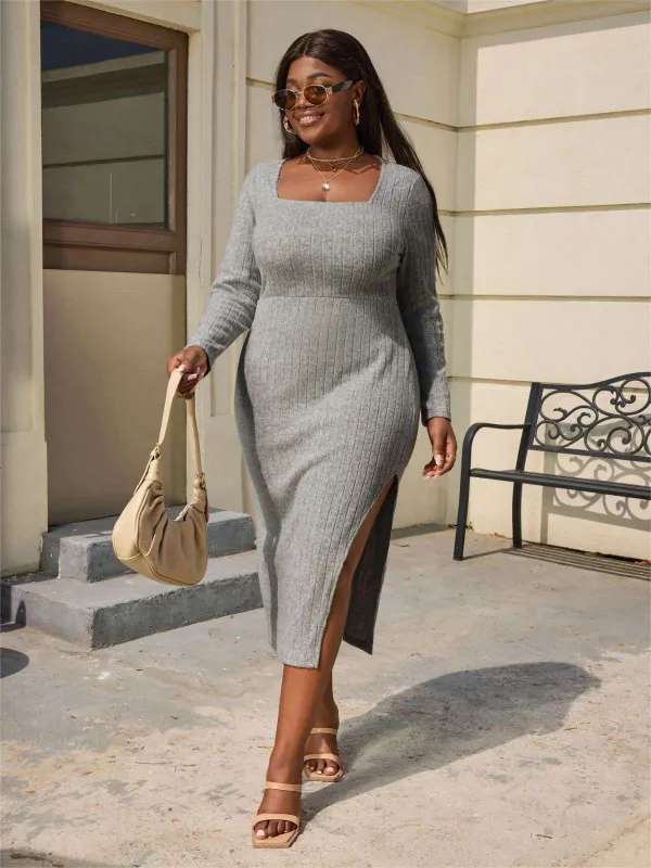 [Plus Size] Light Gray 1960s Knitted Square Neck Dress sold by Retro Stage