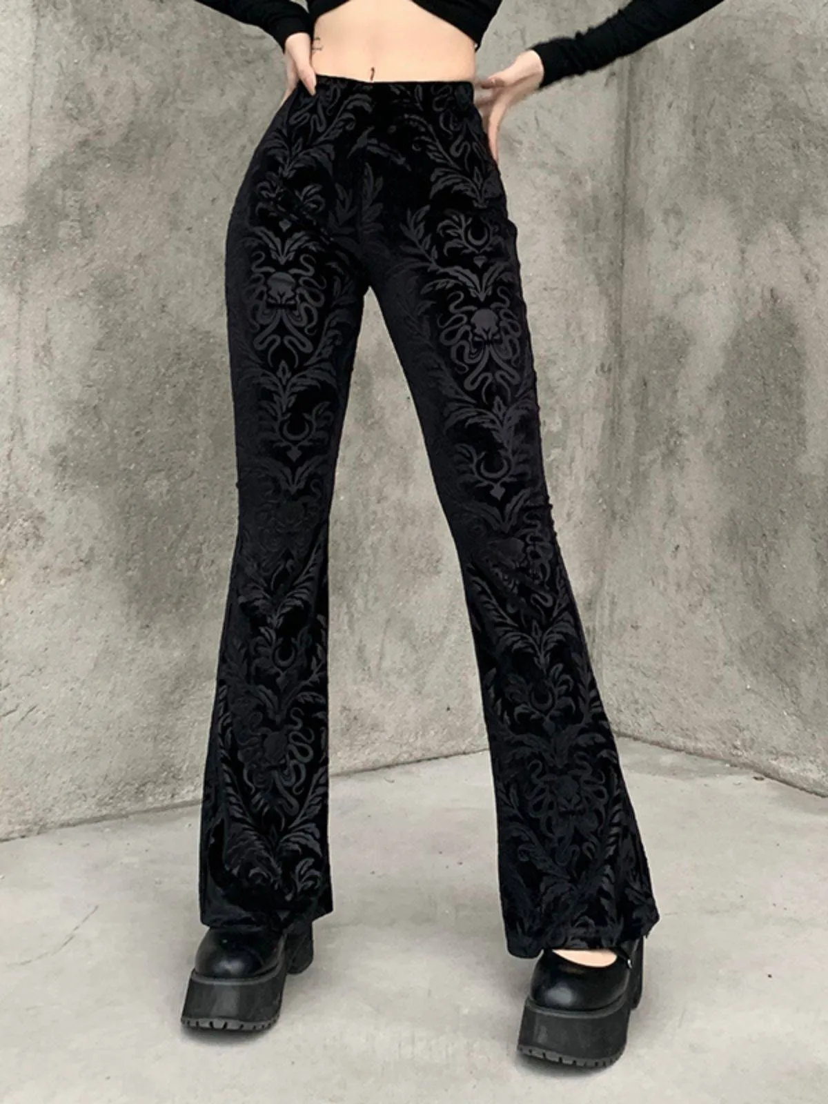 Black 1980s Punk Vine Print Velvet Bootcut Pants sold by Retro Stage product image thumbnail 4