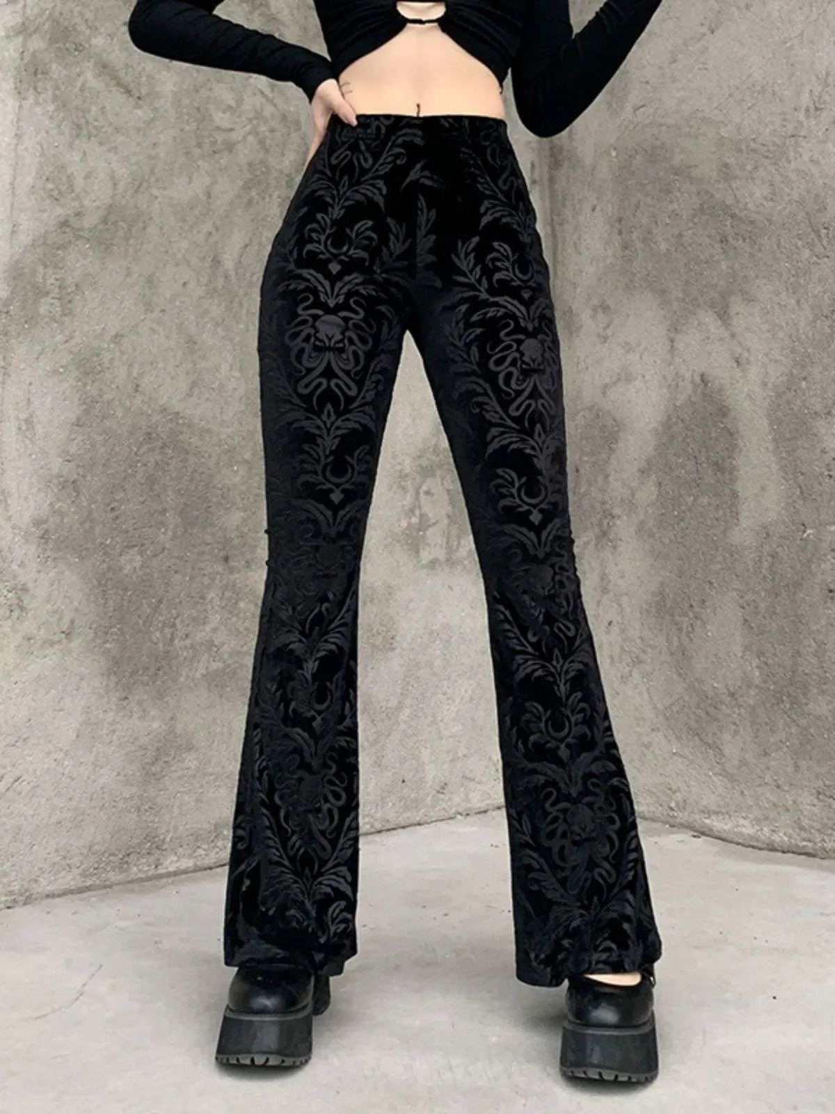 Black 1980s Punk Vine Print Velvet Bootcut Pants sold by Retro Stage