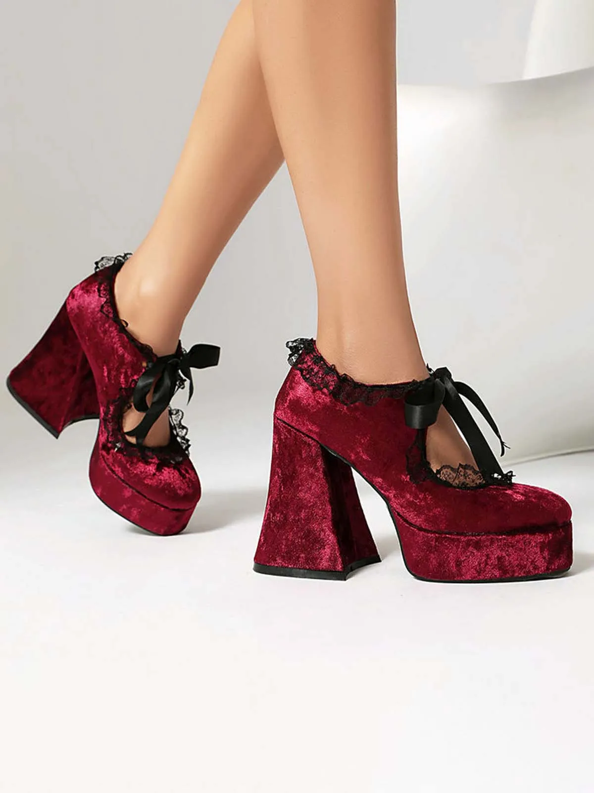 Punk Velvet Lace Bow Chunky Heels sold by Retro Stage product image thumbnail 3