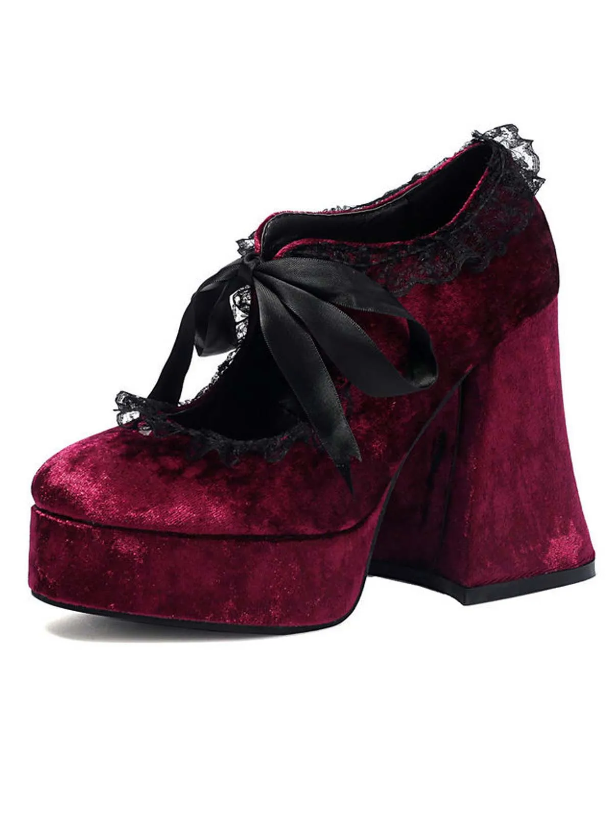 Punk Velvet Lace Bow Chunky Heels sold by Retro Stage