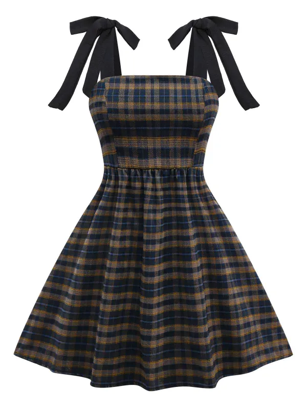 Dark Coffee 1950s Bow Strap Plaid Dress sold by Retro Stage