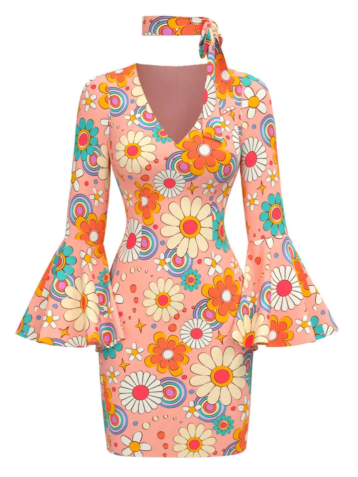 Multicolor 1960s Daisy Flare Sleeve Hippie Dress sold by Retro Stage