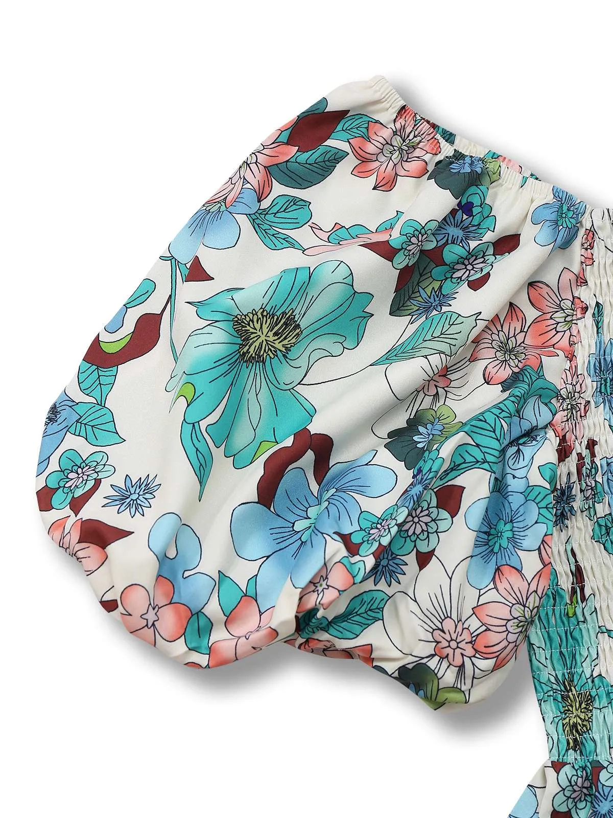 Green 1950s Floral Off-Shoulder Lantern Sleeve Bardot Dress sold by Retro Stage product image thumbnail 5