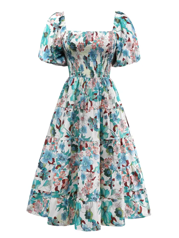 Green 1950s Floral Off-Shoulder Lantern Sleeve Bardot Dress sold by Retro Stage