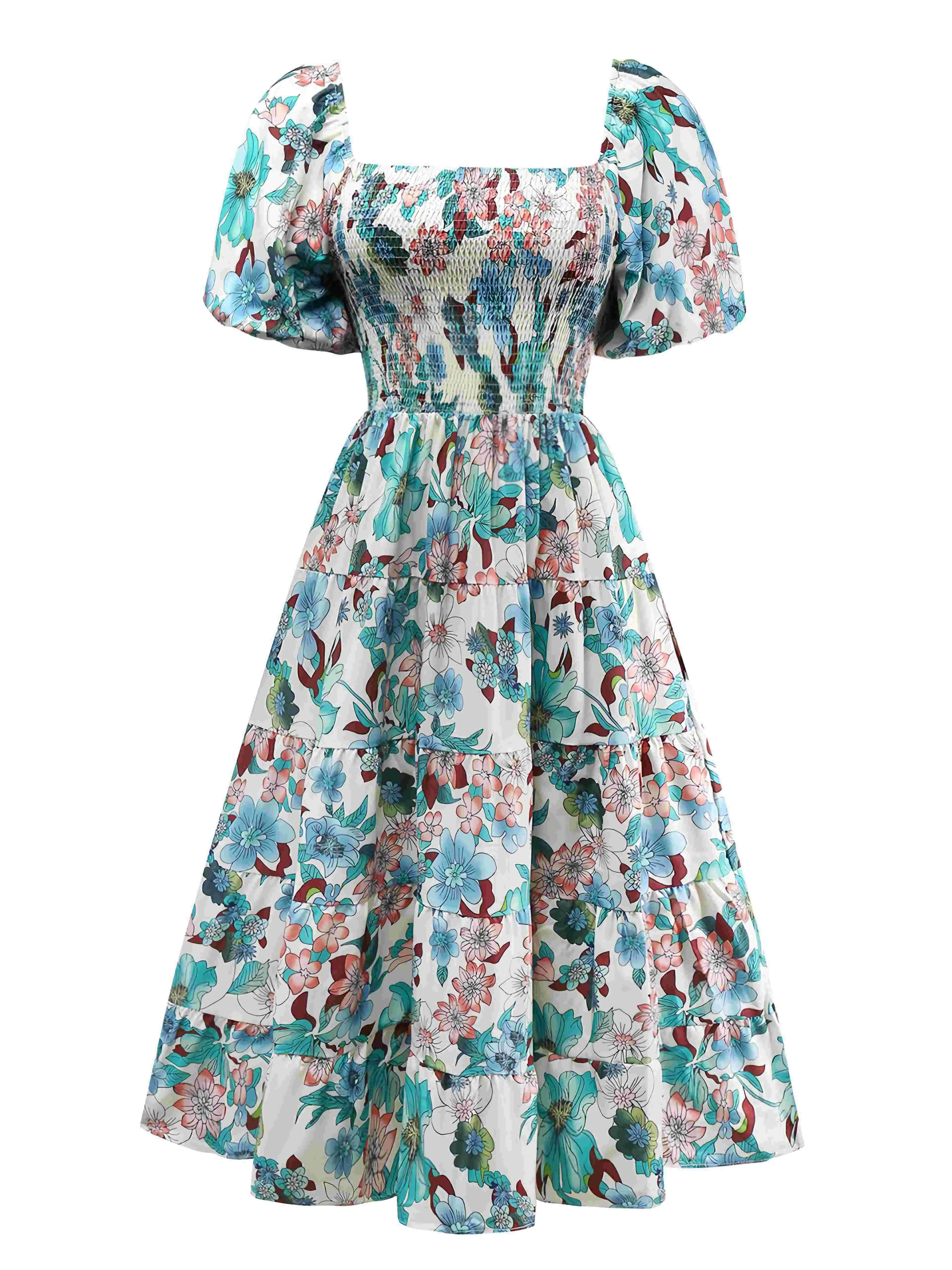 Green 1950s Floral Off-Shoulder Lantern Sleeve Bardot Dress sold by Retro Stage
