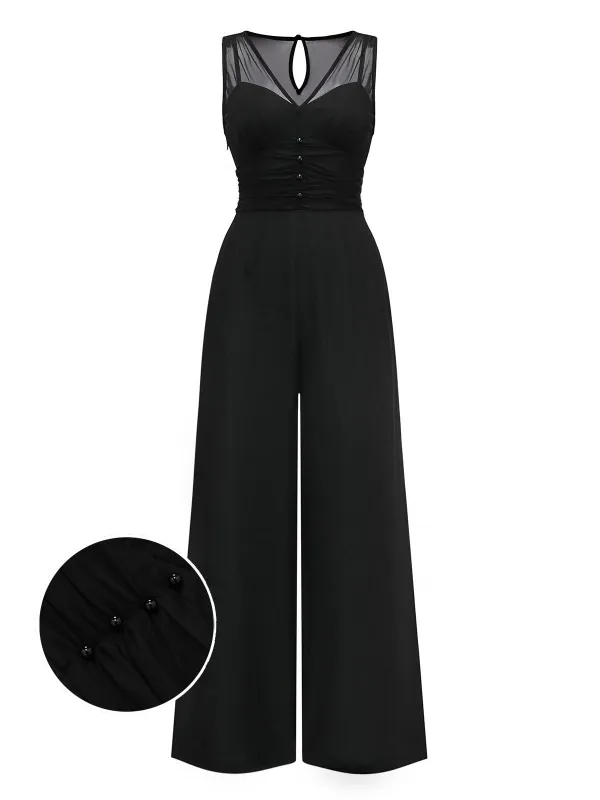 Black 1930s Mesh Pleated Patchwork Jumpsuit sold by Retro Stage