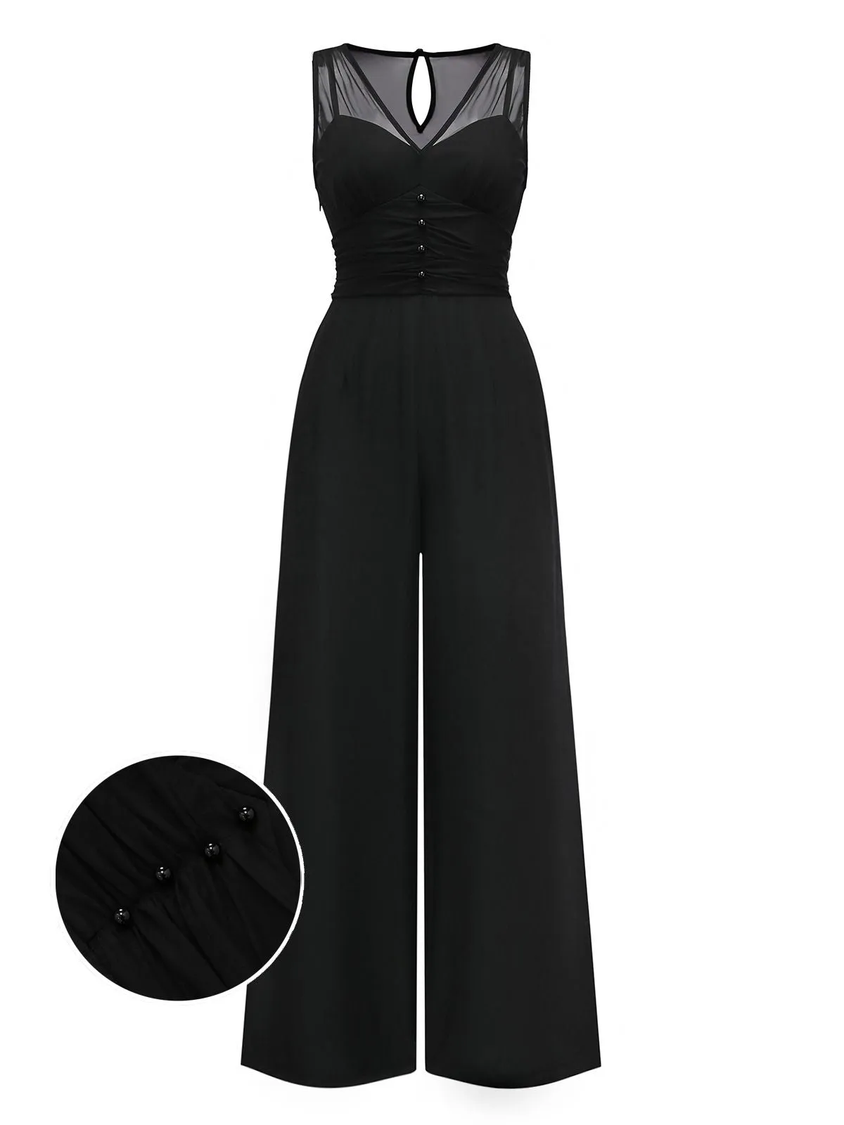 Black 1930s Mesh Pleated Patchwork Jumpsuit sold by Retro Stage