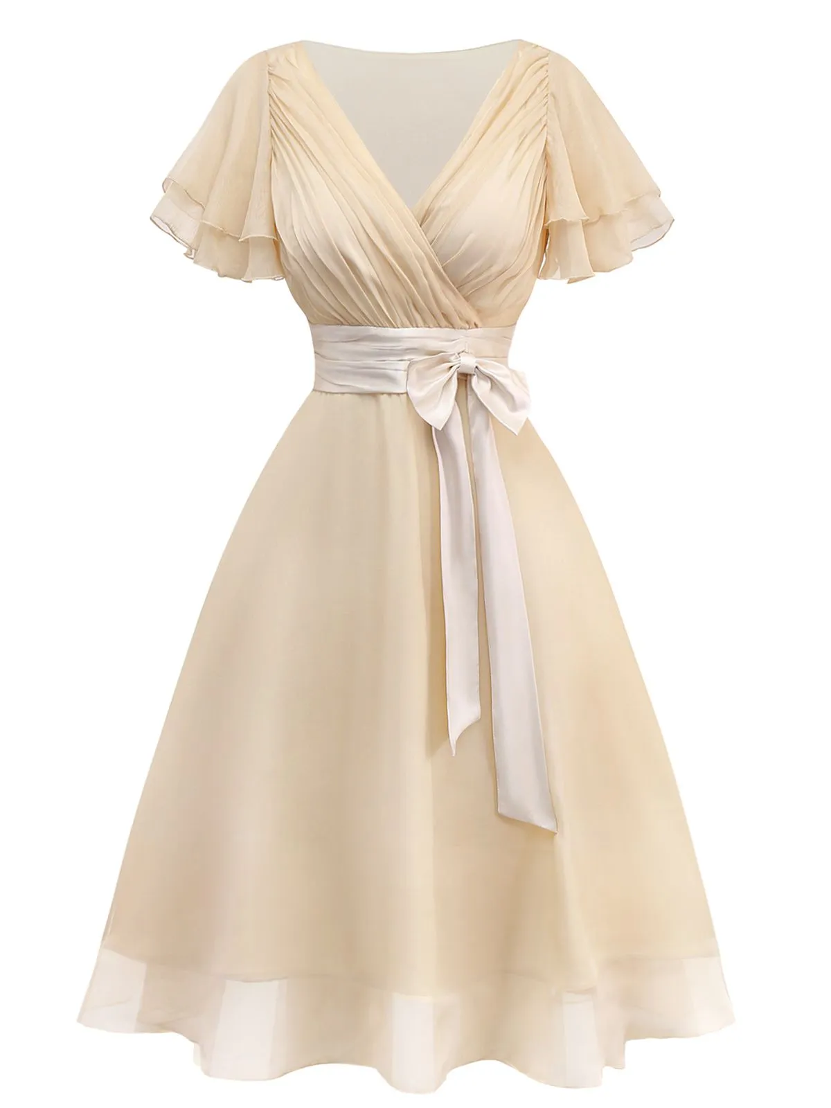 Champagne 1950s Satin Belt Tulle Cocktail Dress sold by Retro Stage product image thumbnail 3