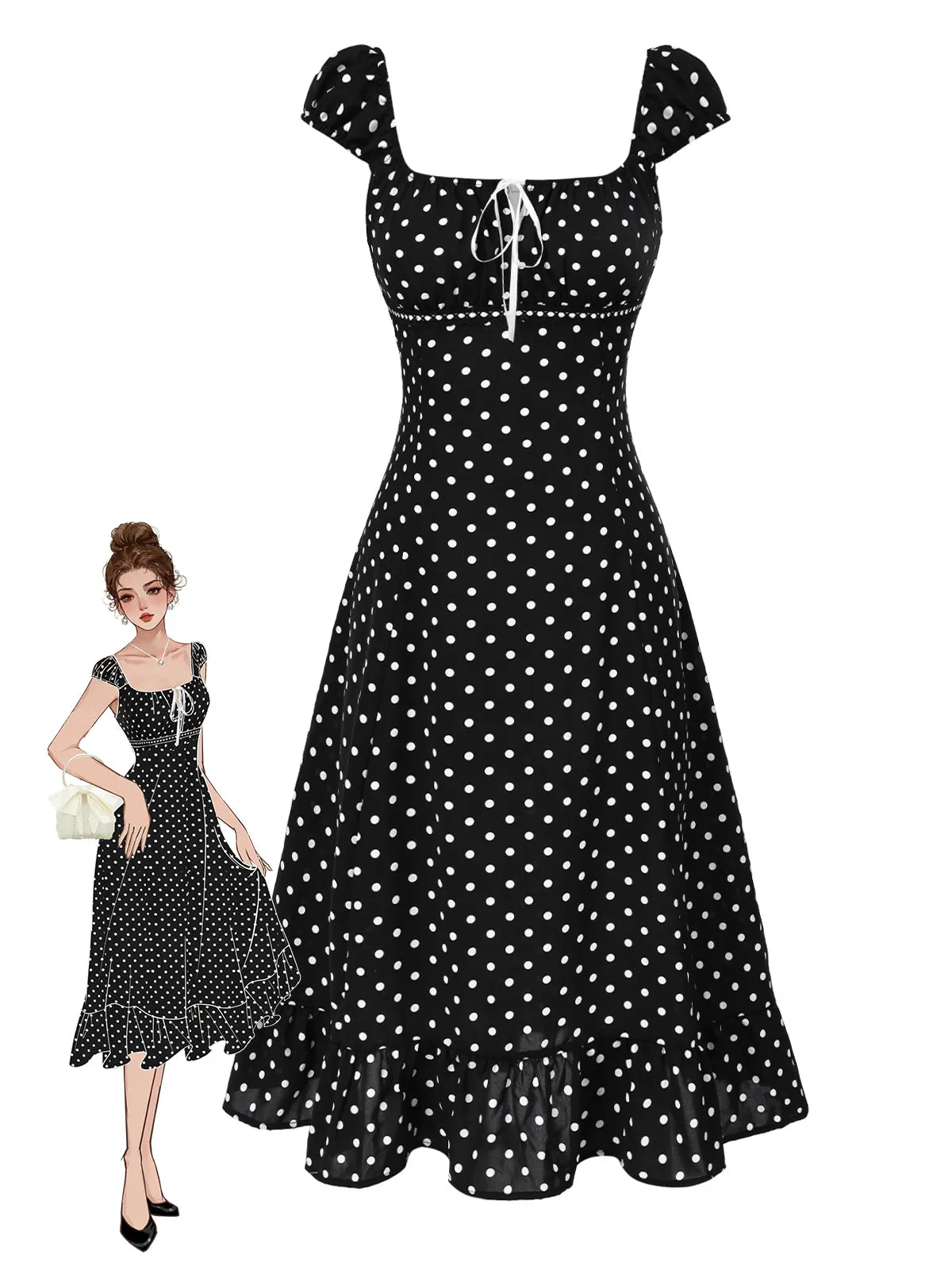 1940s Square Neck Polka Dot Ruffle Dress sold by Retro Stage