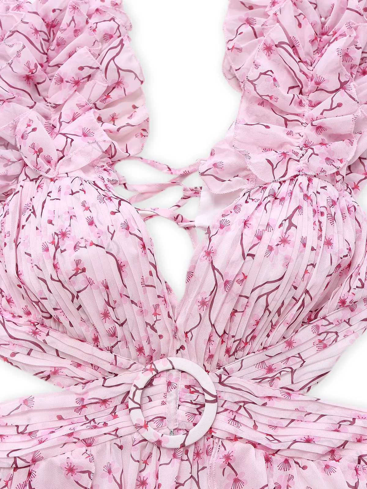 Pink 1970s Deep V-Neck Ruffle Floral Backless Dress sold by Retro Stage product image thumbnail 3