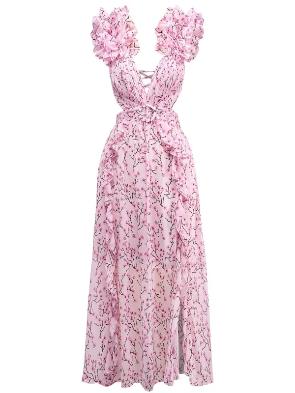 Pink 1970s Deep V-Neck Ruffle Floral Backless Dress sold by Retro Stage