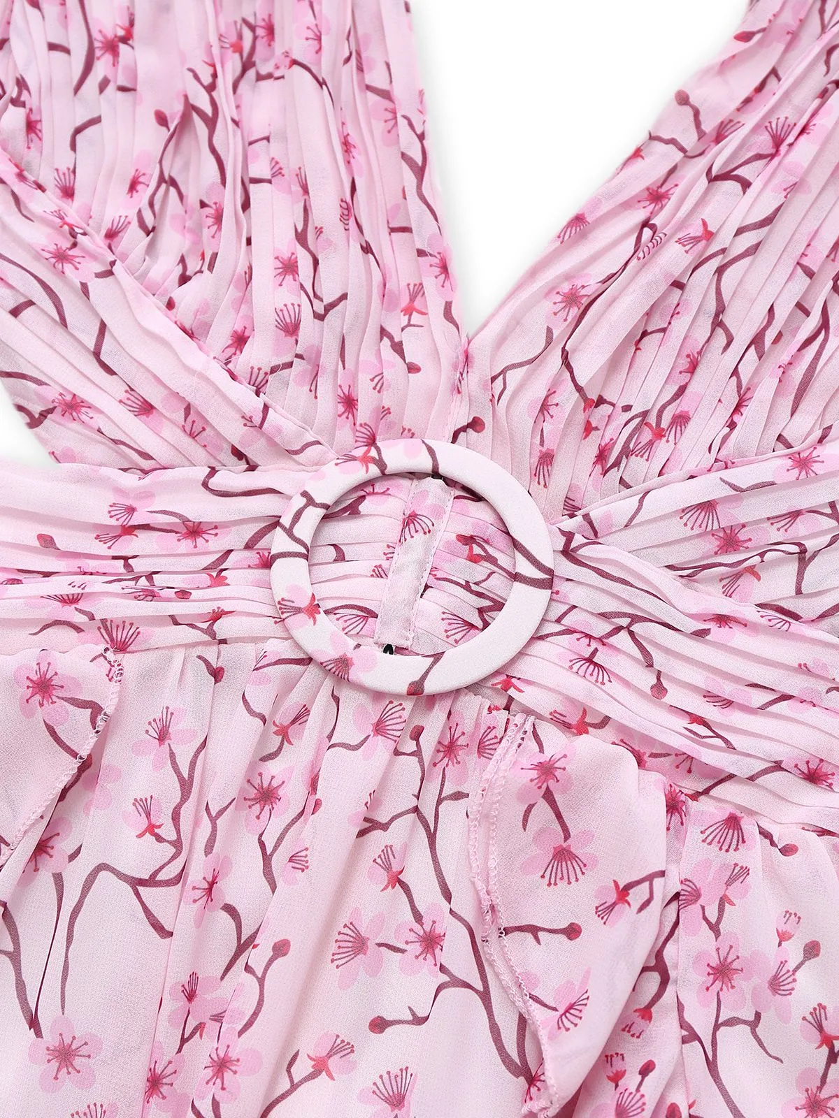 Pink 1970s Deep V-Neck Ruffle Floral Backless Dress sold by Retro Stage product image thumbnail 5