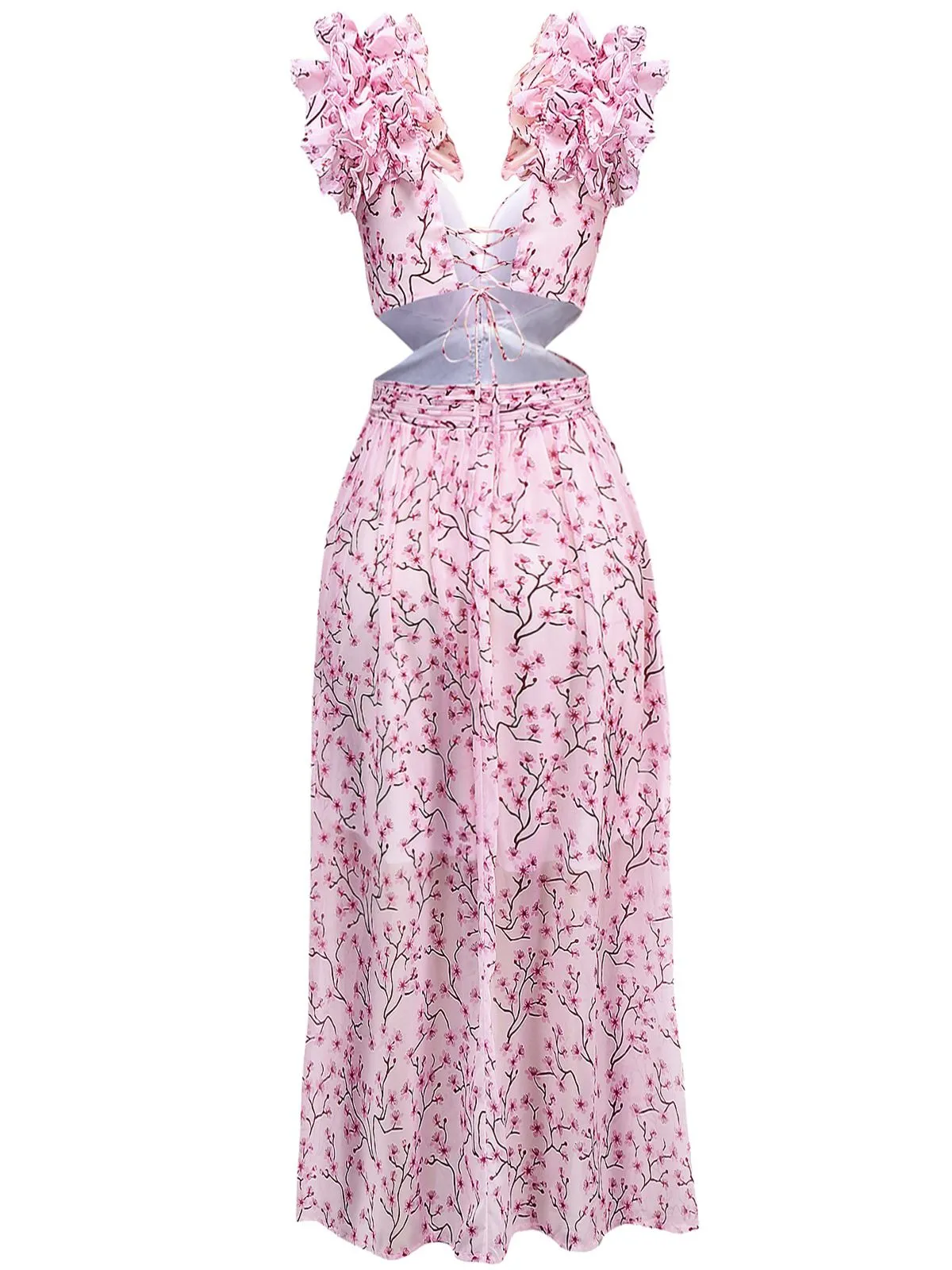 Pink 1970s Deep V-Neck Ruffle Floral Backless Dress sold by Retro Stage product image thumbnail 2