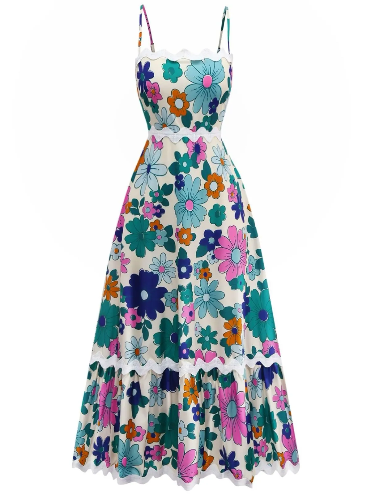 1940s Floral Ruffle Trim Spaghetti Strap Dress sold by Retro Stage