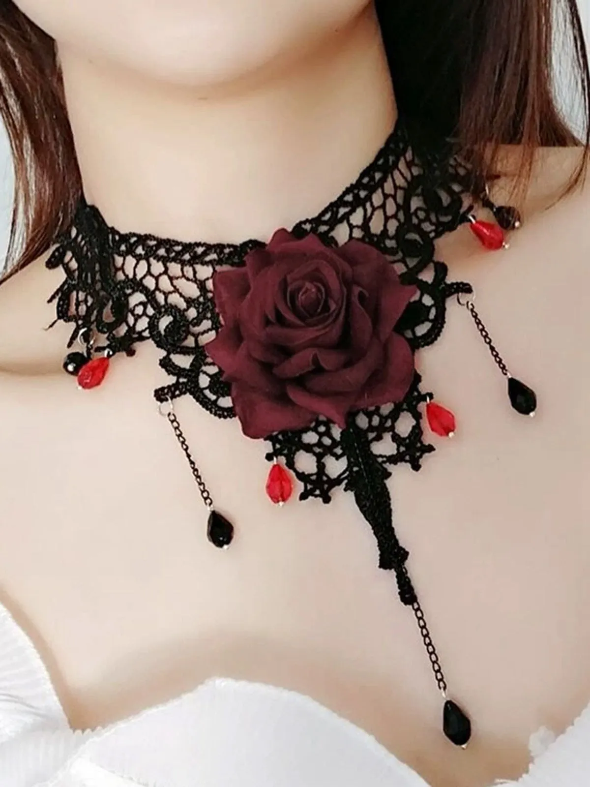 Gothic 3D Rose Gemstone Pendant Choker Necklace sold by Retro Stage