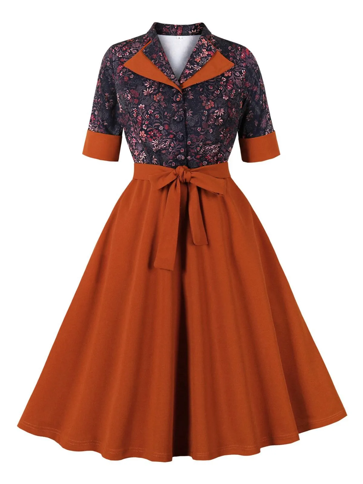Brick Red 1950s Lapel Floral Patchwork Dress sold by Retro Stage
