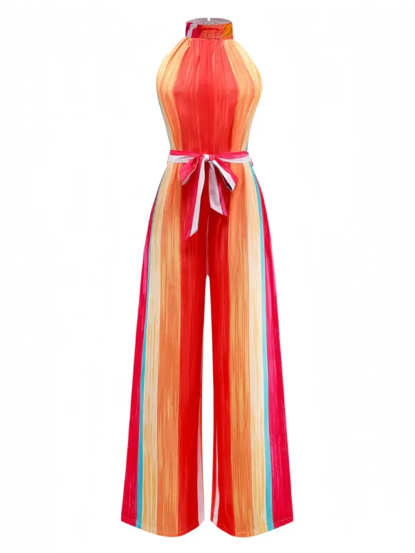 Multicolor 1960s Round Halter Belted Stripe Jumpsuit sold by Retro Stage