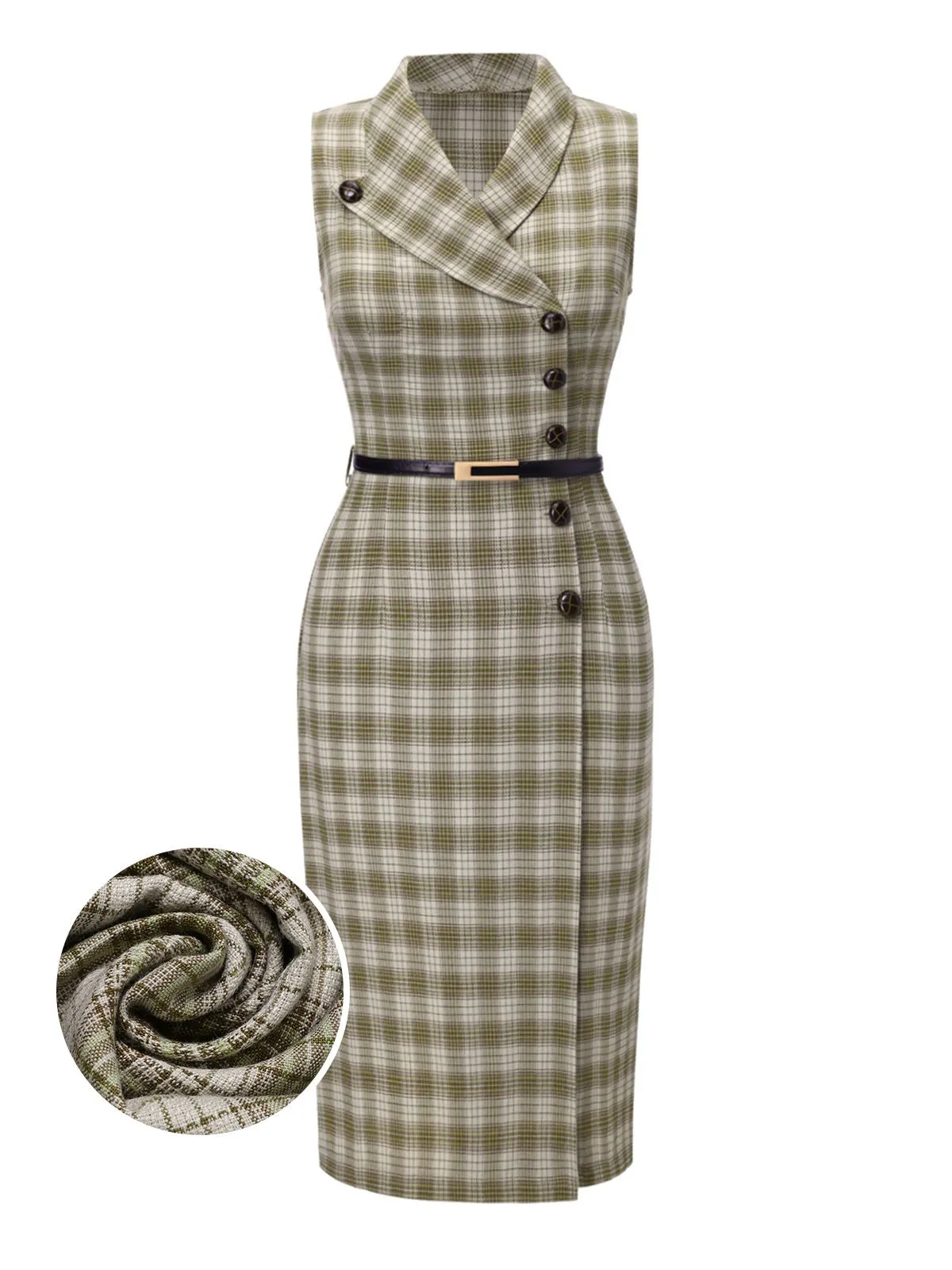 Pea Green 1960s Lapel Buttoned Tartan Dress sold by Retro Stage product image thumbnail 2