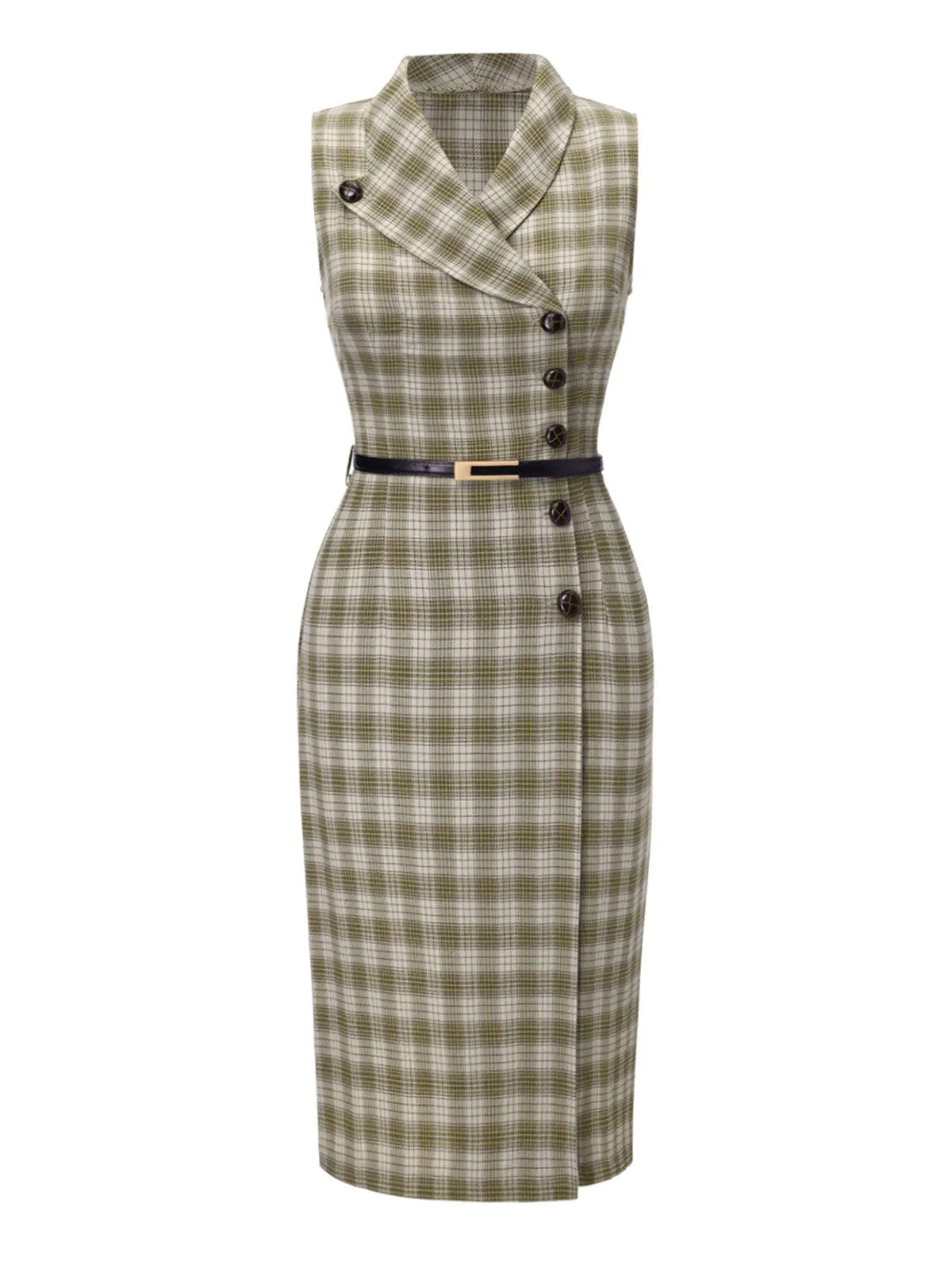 Pea Green 1960s Lapel Buttoned Tartan Dress sold by Retro Stage product image thumbnail 3