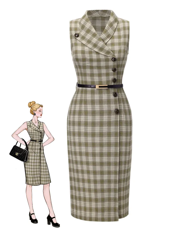 Pea Green 1960s Lapel Buttoned Tartan Dress sold by Retro Stage