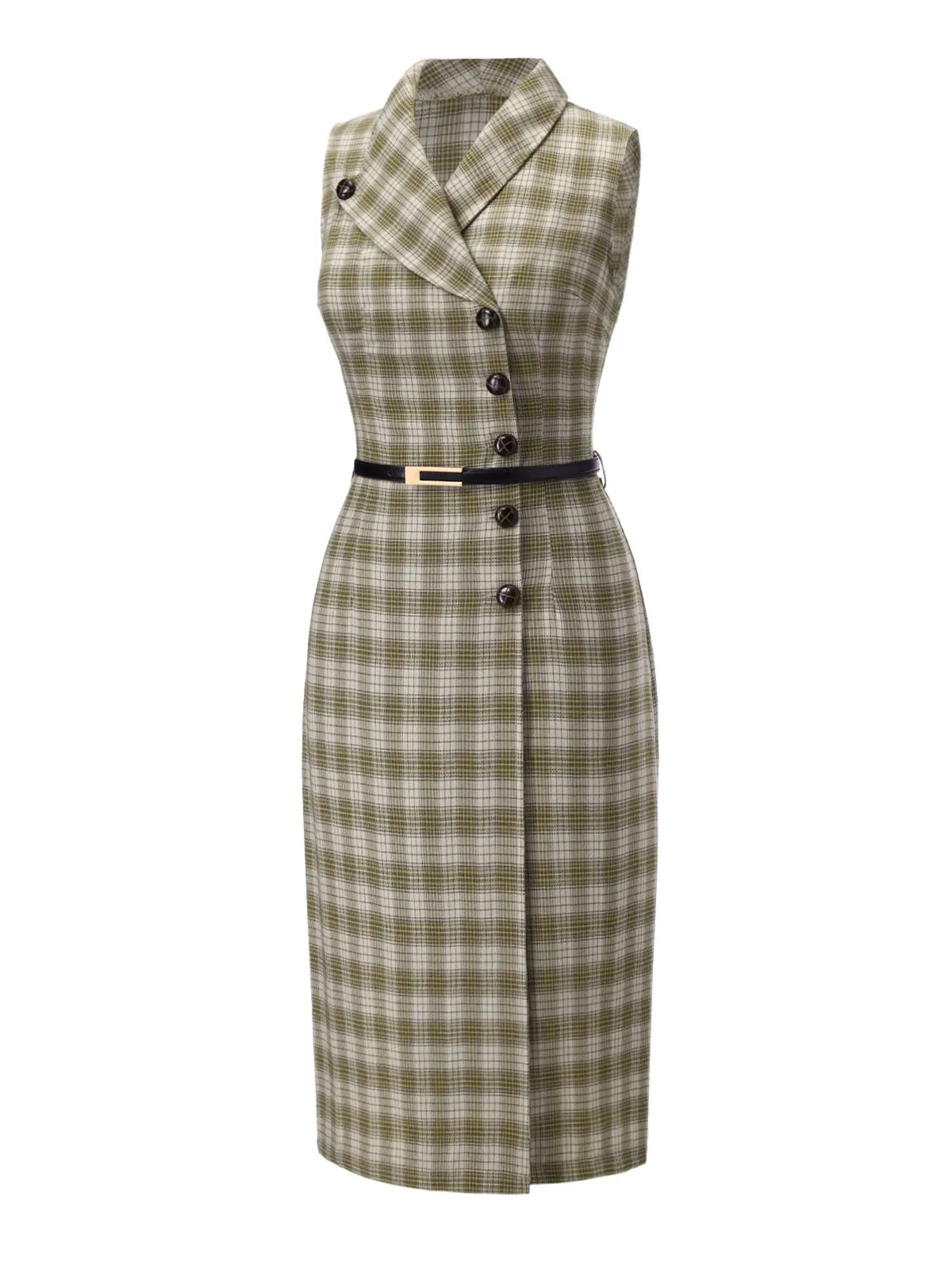 Pea Green 1960s Lapel Buttoned Tartan Dress sold by Retro Stage product image thumbnail 4