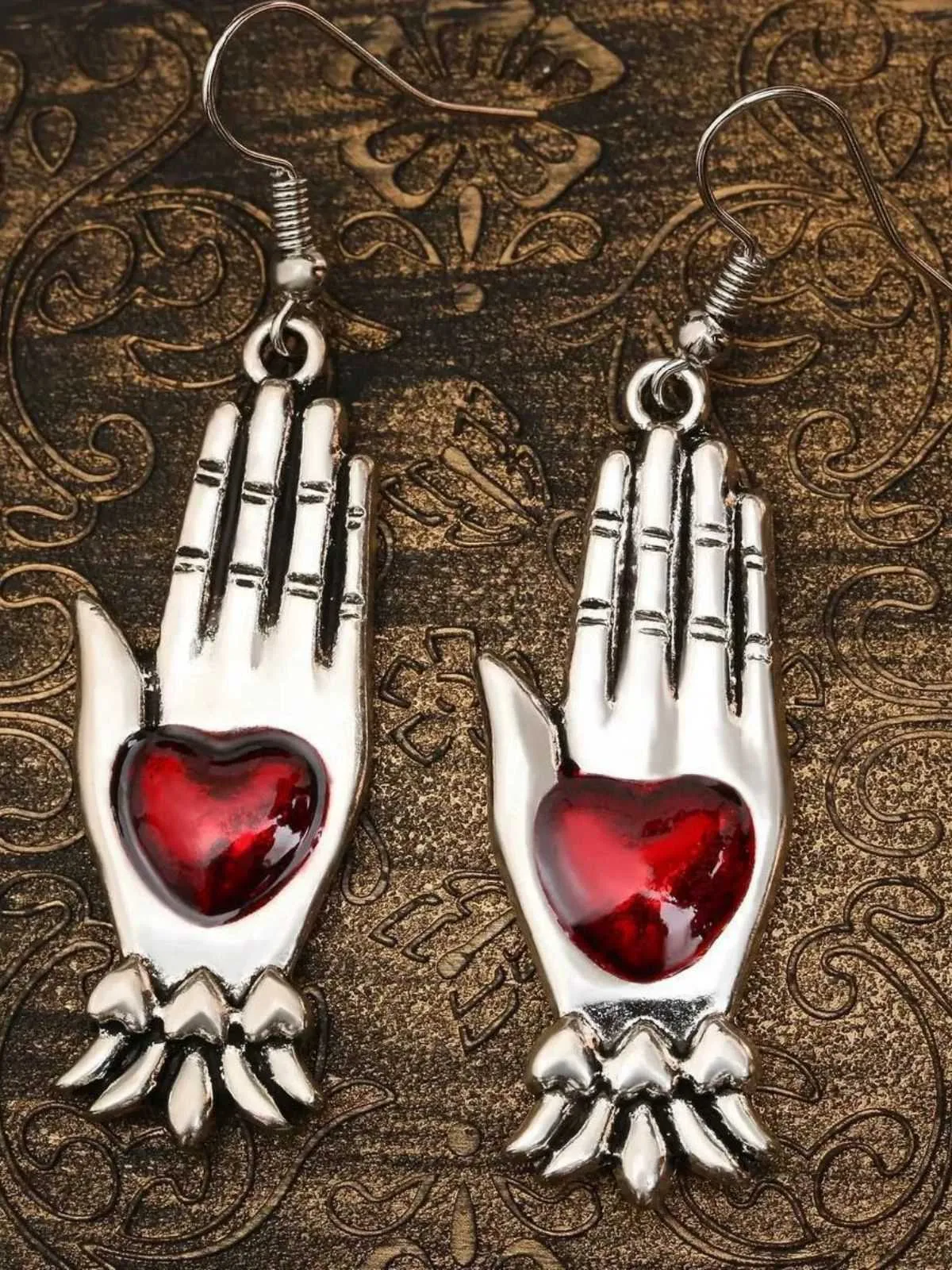 Red & Silver Vintage Gothic Heart Glove Earrings sold by Retro Stage product image thumbnail 4