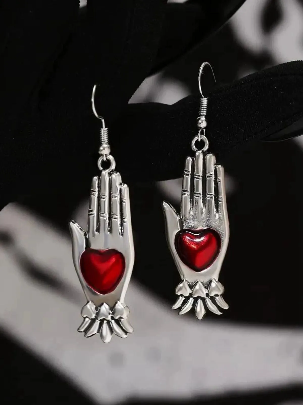 Red & Silver Vintage Gothic Heart Glove Earrings sold by Retro Stage product image thumbnail 2