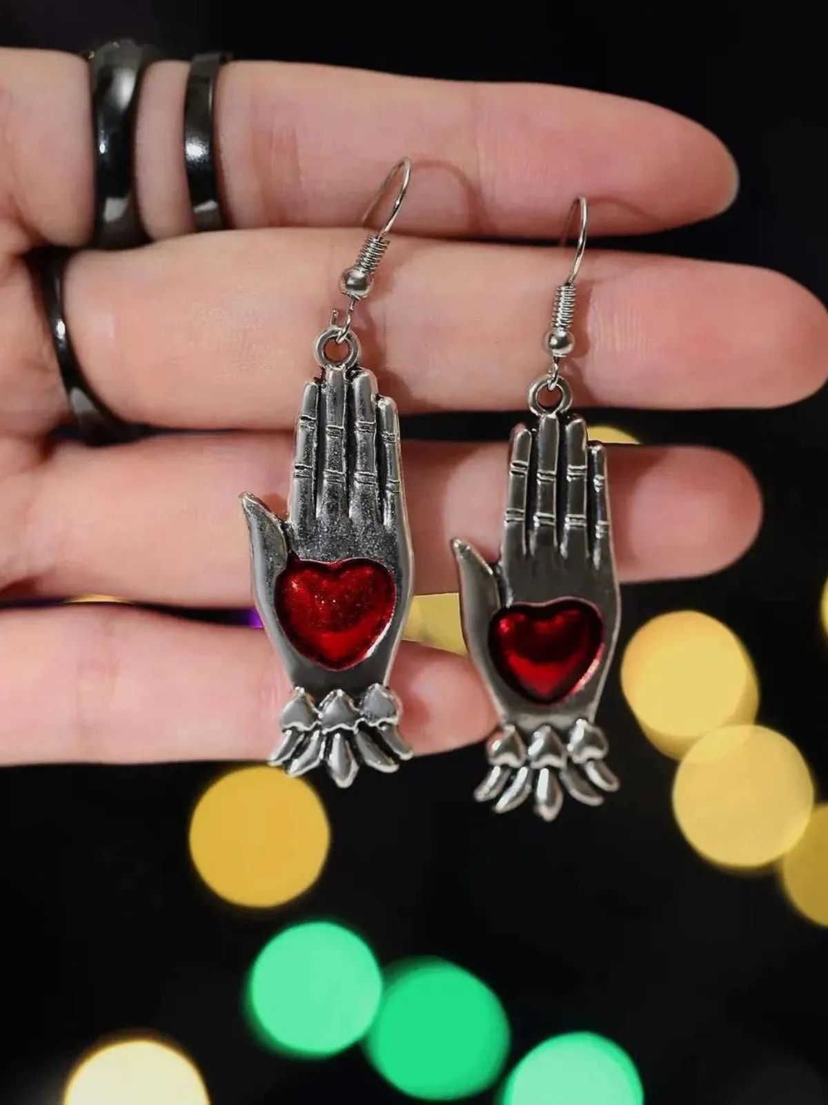 Red & Silver Vintage Gothic Heart Glove Earrings sold by Retro Stage product image thumbnail 3