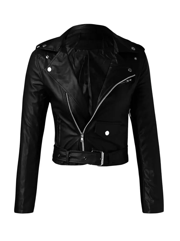 1980s Solid Lapel PU Leather Belted Cropped Jacket sold by Retro Stage