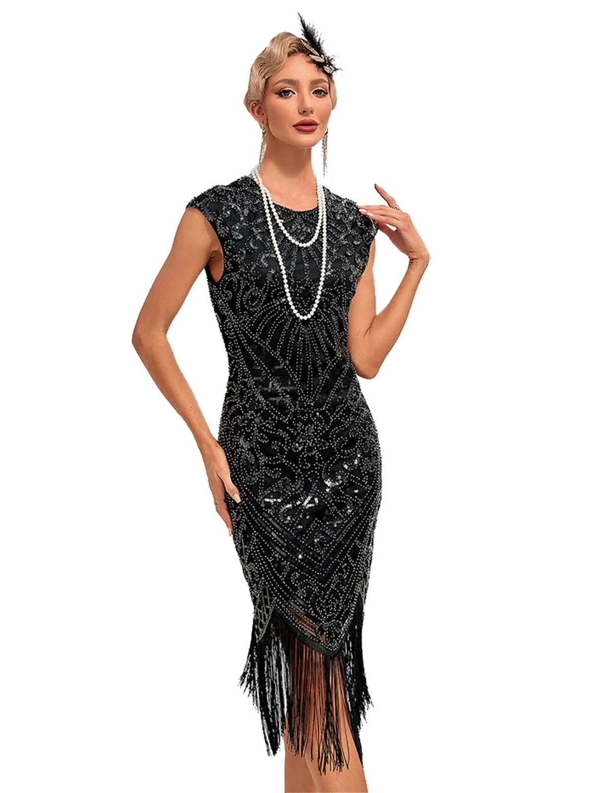 1920s Sequined Fringe Round Neck Cap Sleeve Dress sold by Retro Stage product image thumbnail 3