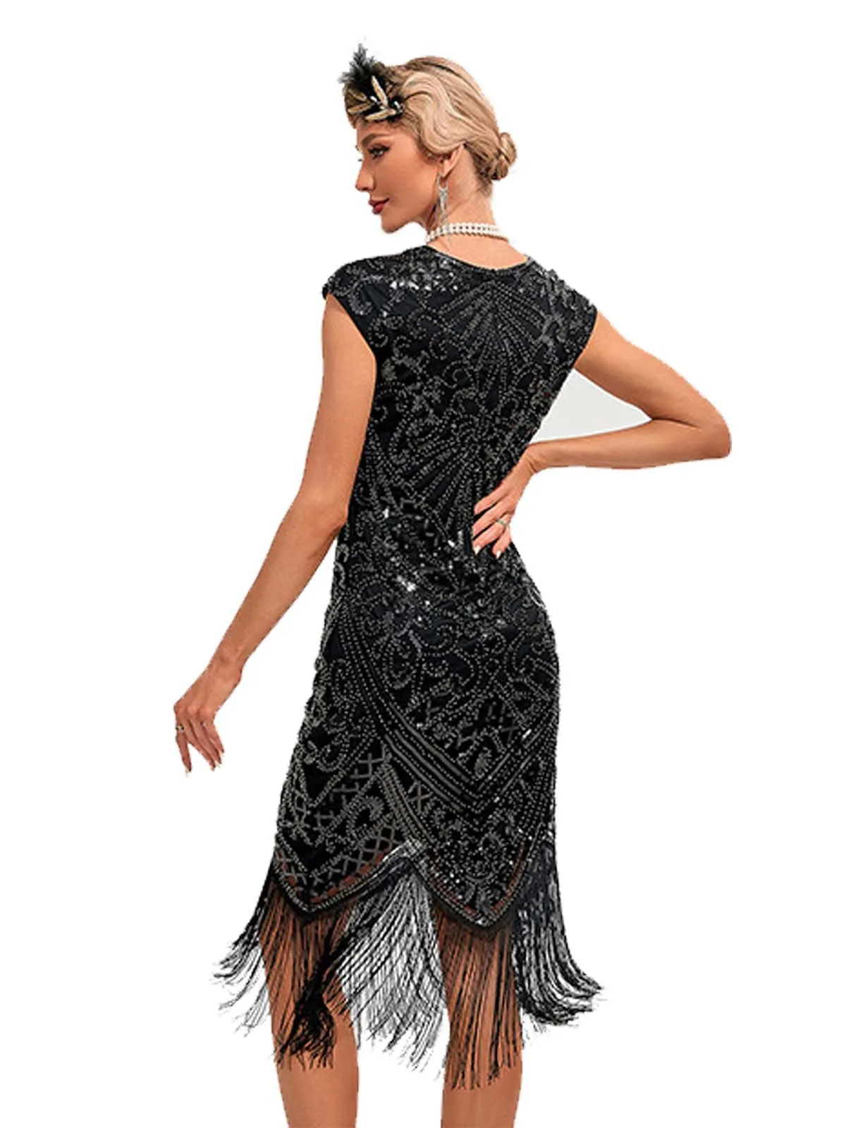 1920s Sequined Fringe Round Neck Cap Sleeve Dress sold by Retro Stage product image thumbnail 4
