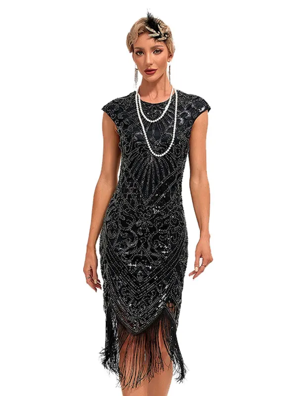 1920s Sequined Fringe Round Neck Cap Sleeve Dress sold by Retro Stage