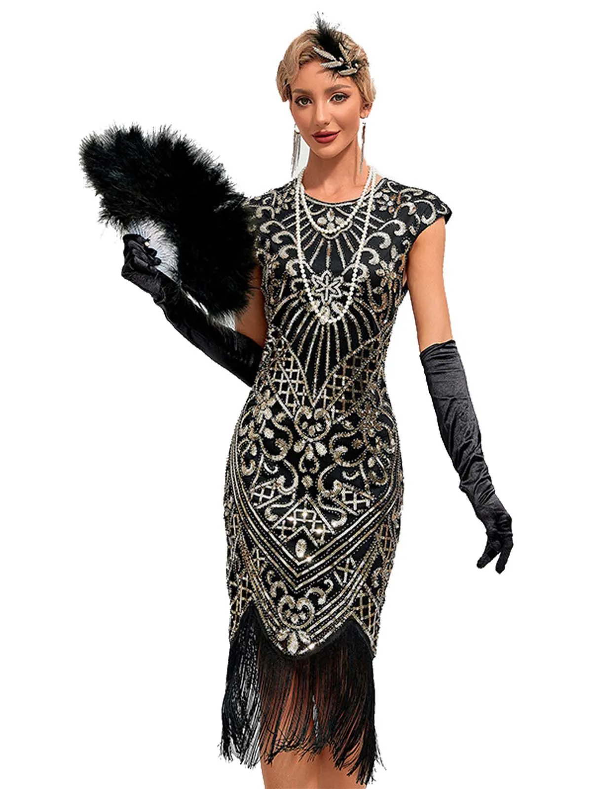 1920s Sequined Fringe Round Neck Cap Sleeve Dress sold by Retro Stage product image thumbnail 5